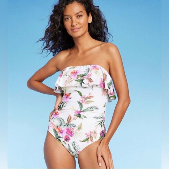 Kona Sol Other - Kona Sol Bandeau Flounce Front Ruched Full Coverage OnePiece Swimsuit CreamNWT L
